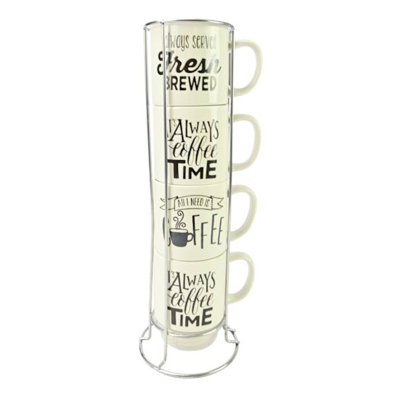 Set of 4 Stacked Coffee Sayings Mugs, 14oz