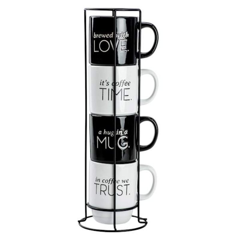 Set of 4 Stacked Coffee Sentiment Mugs, 14oz