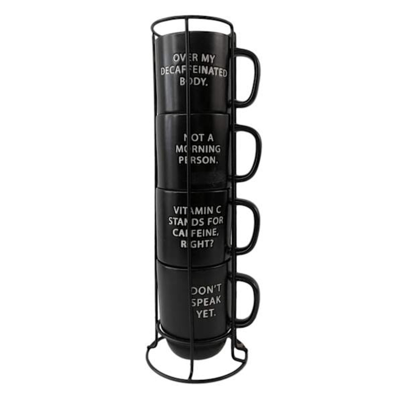 Set of 4 Stacked Get the Message Black Mugs, 14oz