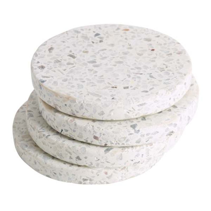 Set of 4 White Round Terrazzo Coasters, 4″