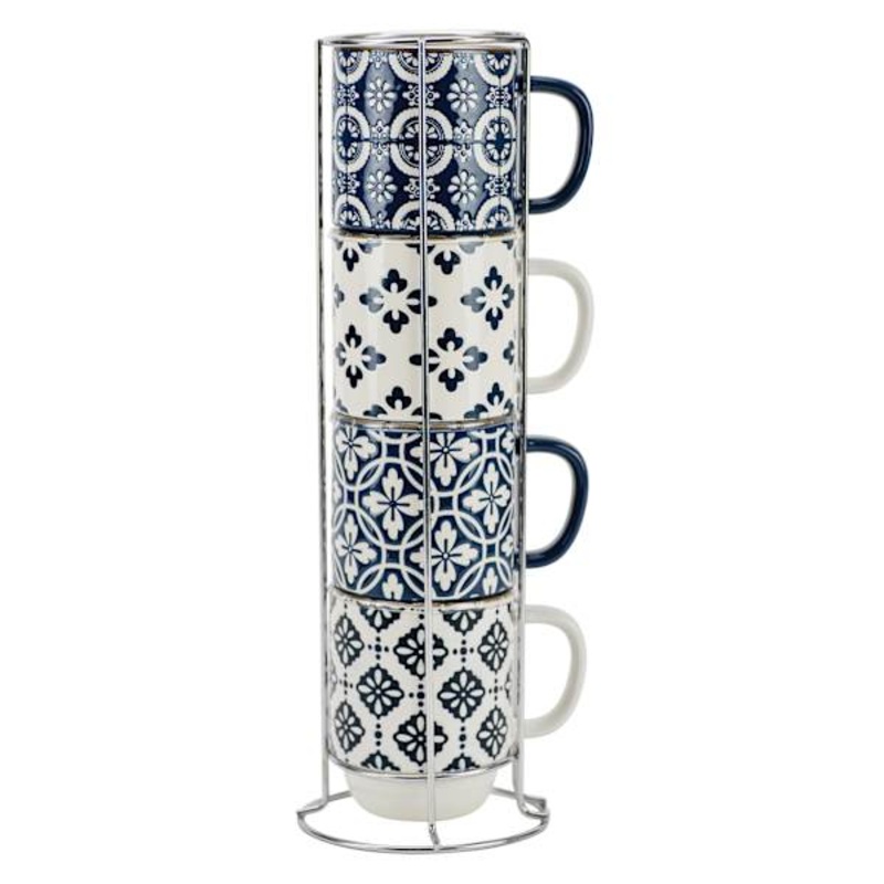 Stacked True Blue & White Patterned Mugs, 14oz
