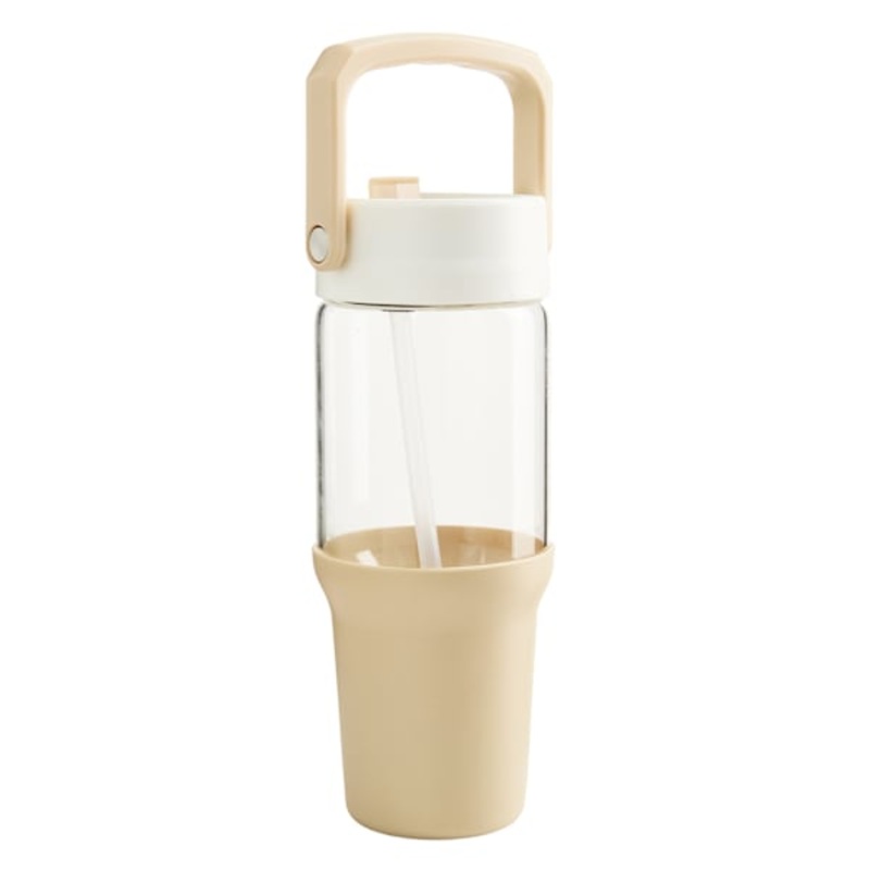 Beige Glass Carry Handle Bottle W Ns Silicone Base, 32oz