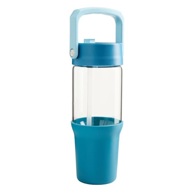 Blue Glass Carry Handle Bottle W Ns Silicone Base, 32oz