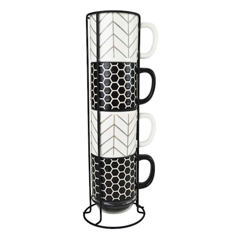 Set of 4 Black & White Tile Mugs, 14oz