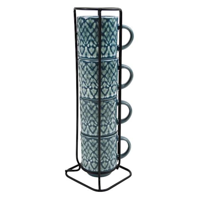Set of 4 Blue Geo Espresso Mugs, 3oz