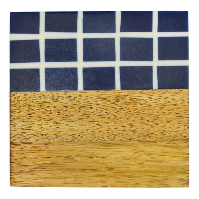 Set of 4 Blue & Natural Wood Coasters