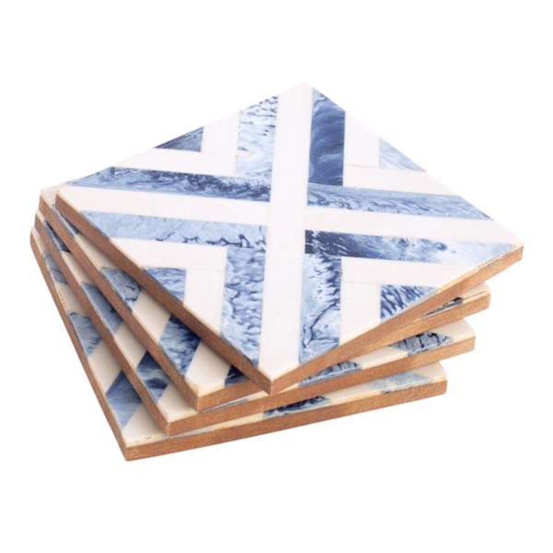 Set of 4 Blue & White Coasters, 4″