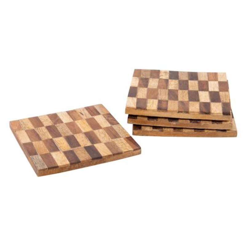 Set of 4 Checkered Wooden Square Coasters, 4″