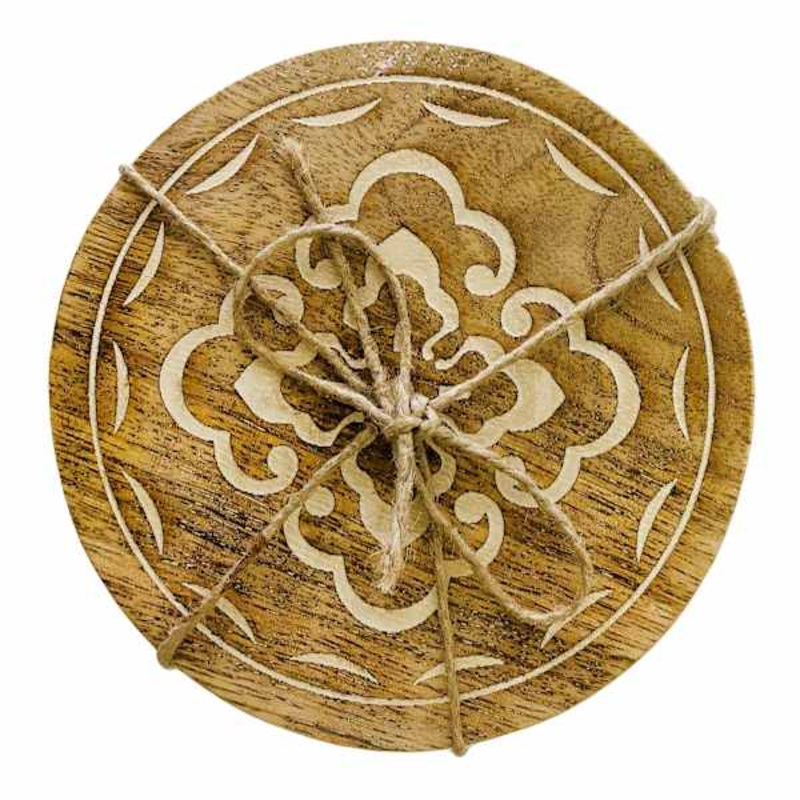 Set of 4 Etched Medallion Patterned Wood Coasters, 3.9″