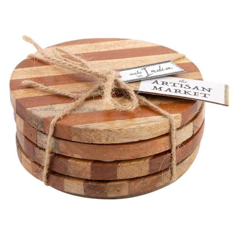 Set of 4 Inlay Striped Wooden Coasters, 4″