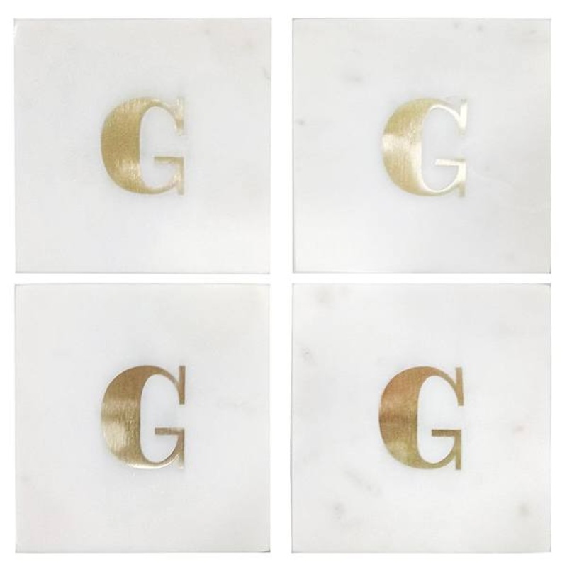 Set of 4 Marble & Brass Monogram Coasters, G