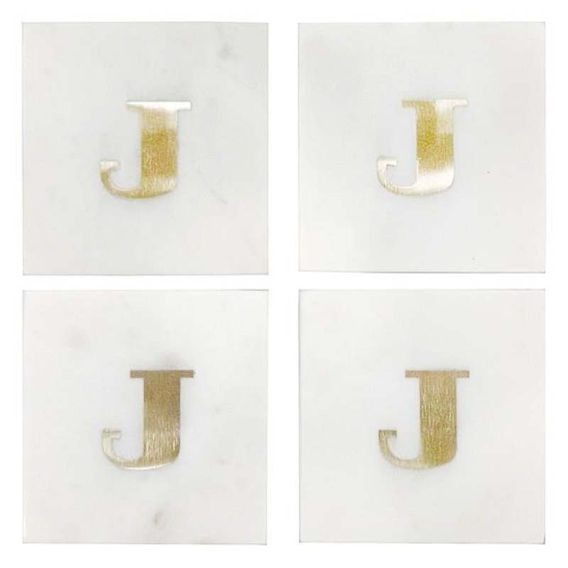 Set of 4 Marble & Brass Monogram Coasters, J