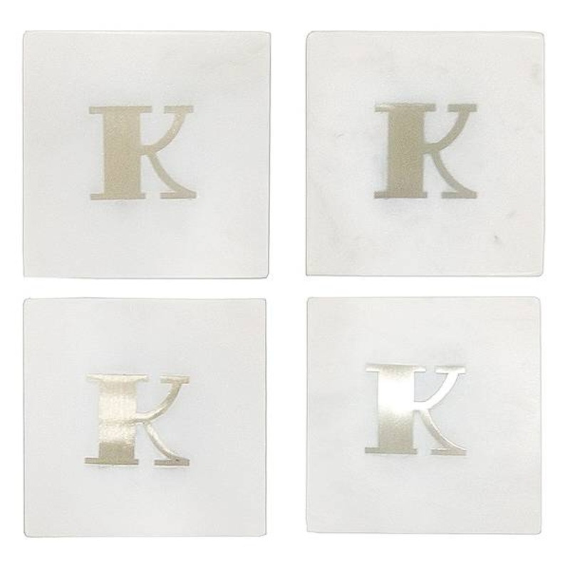Set of 4 Marble & Brass Monogram Coasters, K