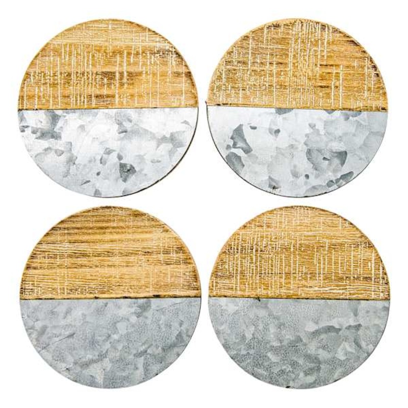Set of 4 Round Wood & Metal Coasters