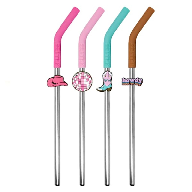 4-Pack Disco Cowboy Charm Stainless Steel Straw Set