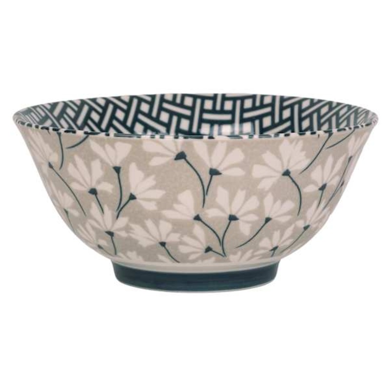 Grey & Navy Flower Print Bowl, 6″