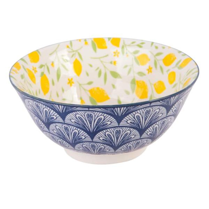 White & Blue Lemon Print Bowl, 4.5″