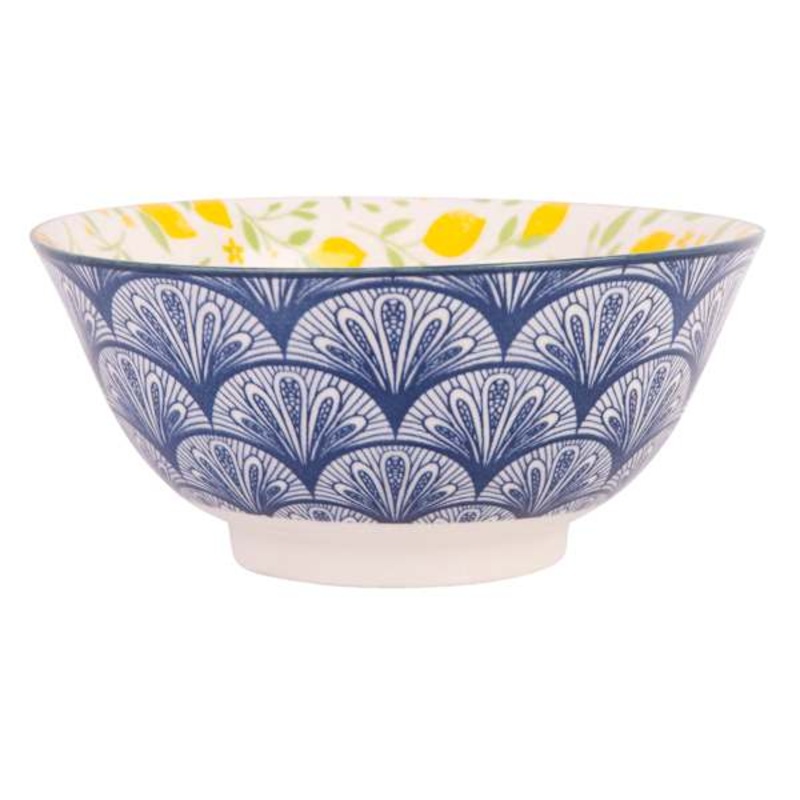 White & Blue Lemon Print Bowl, 6″