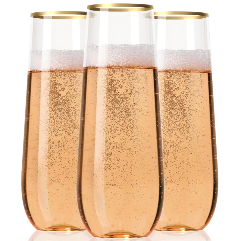 30 Plastic Stemless Champagne Flutes – Disposable Unbreakable 9 Oz toasting glasses With Gold rim | Reusable Clear Fancy & Shatterproof Champagne Glasses – Ideal for Weddings Birthdays Parties 30 Count (Pack of 1)