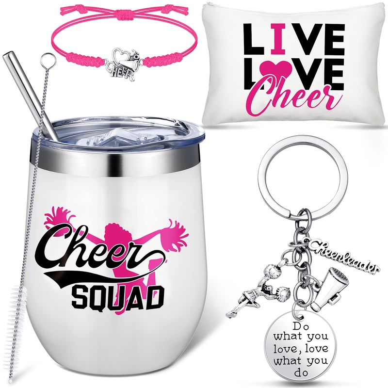 4 Pcs Cheerleader Gifts Set for Girls 12 oz Cheerleader Gifts Tumbler Cheer Makeup Bag Adjustable Cheerleading Bracelet Cheerleader Charm Keychain Cheer Squad Gift Bottle for Teens Kids Accessories