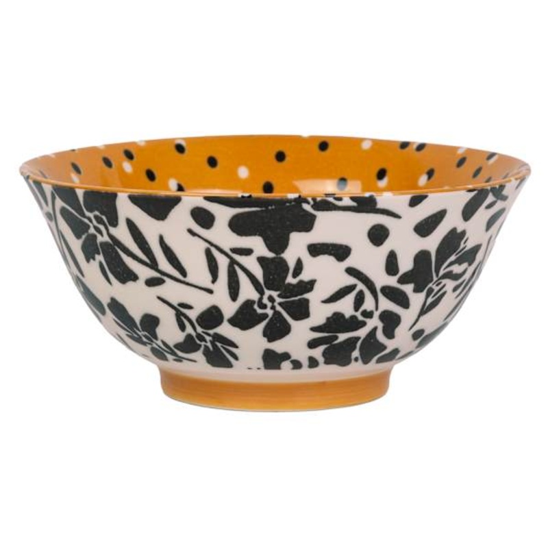 Black & Mustard Yellow Floral Print Bowl, 6″