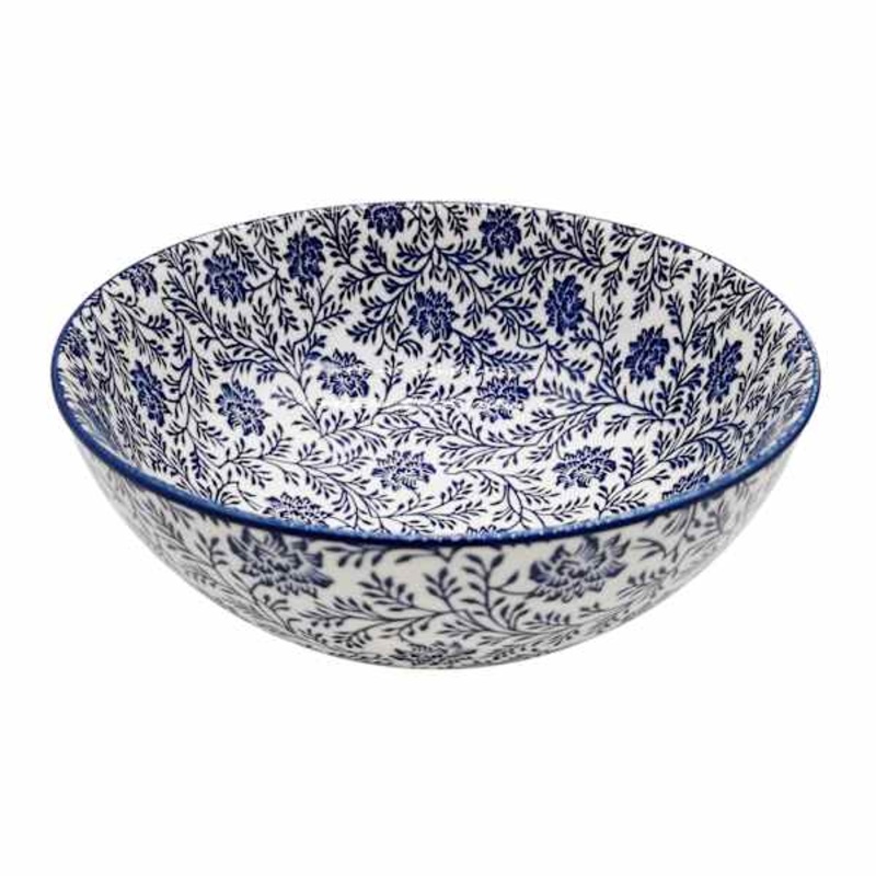 Blue & White Floral Print Ceramic Bowl, 8″