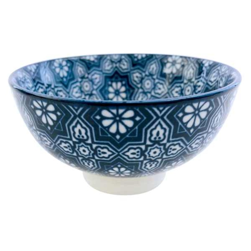 Blue & White Geo Floral Pattern Porcelain Bowl, 4″