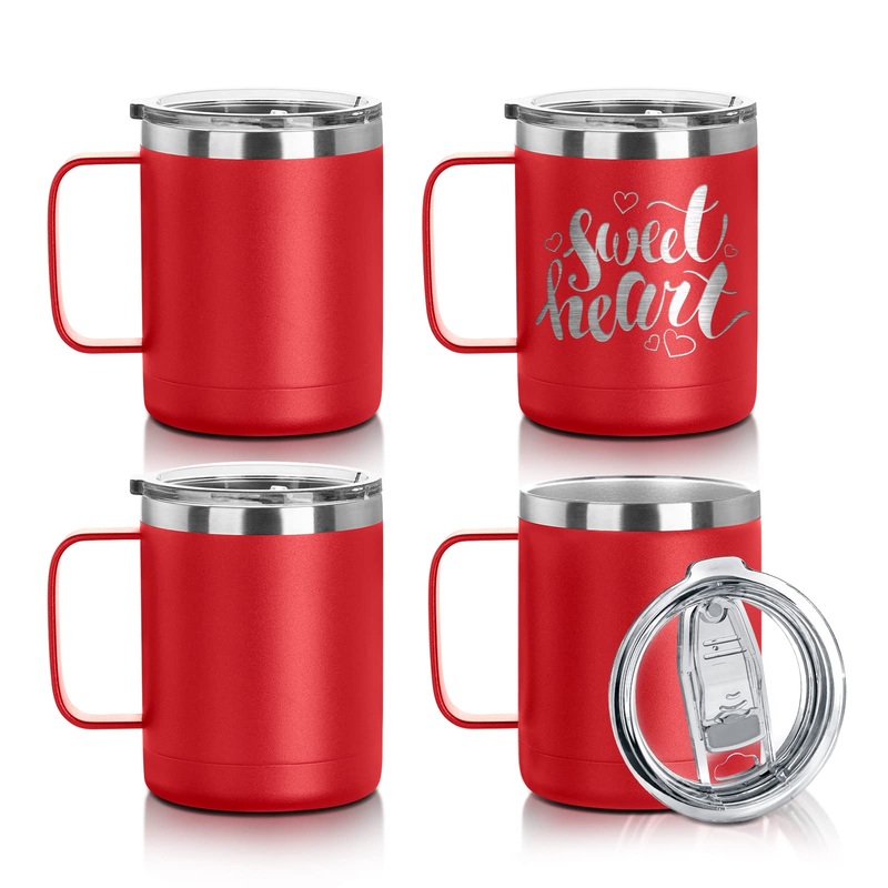 Craft Express 10 OZ Stainless Steel Coffee Mug with Handle – Double Wall Vacuum Insulated Coffee Mug Tumbler with Lid – Engraved Powder Coated Travel Coffee Mug Cup for Glowforge Plus – Red 4 Pack
