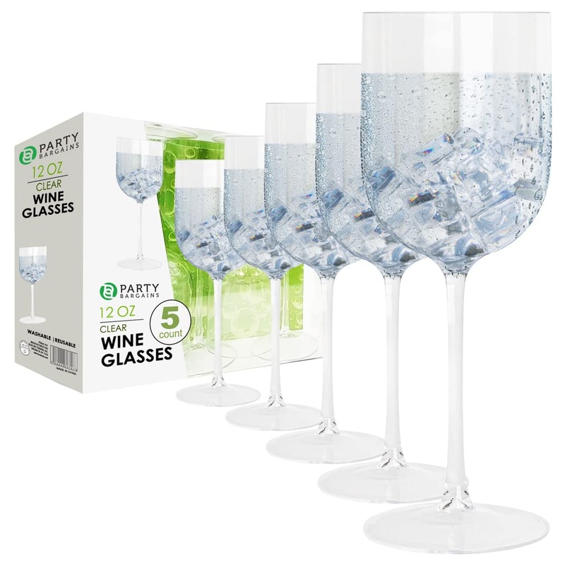 PARTY BARGAINS 5 Wine Goblets – Clear (12oz) – Disposable Shatterproof Elegant Design Plastic Wine Glasses. For Pool Parties, Outdoors Receptions, Weddings Clear 5 Count (Pack of 1)