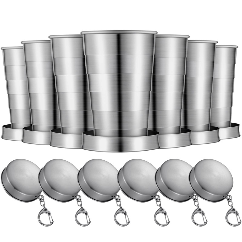 Tessco 6 Pieces Collapsible Cup Stainless Steel Folding Cup Collapsible Cup for Traveling Collapsible Cup Bulk with Keychain for Hiking Cycling Picnic, 75 Ml/ 2.5 oz