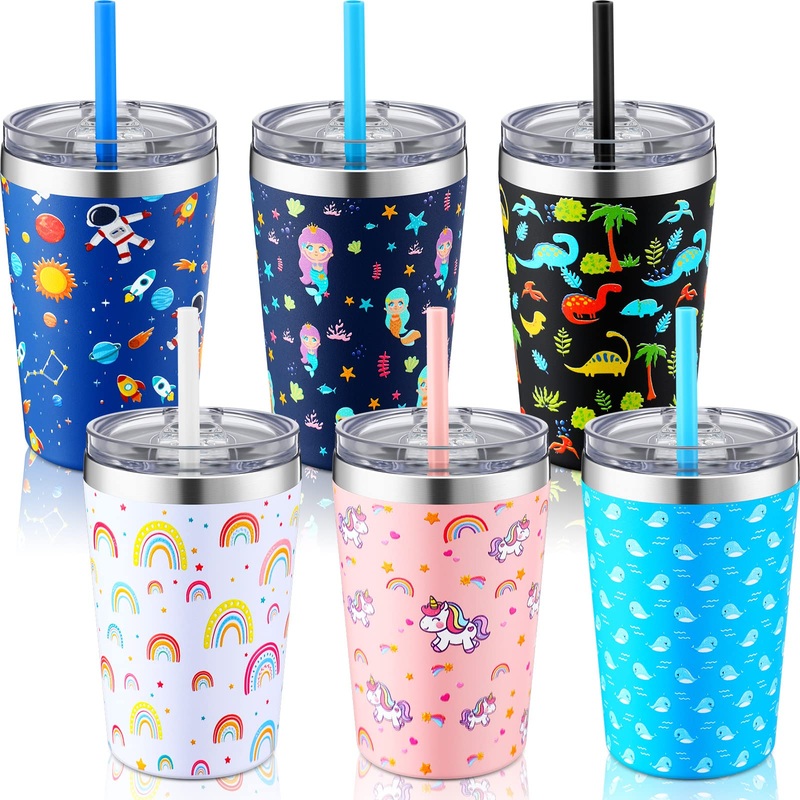 Zubebe 6 Set Toddler Tumblers Kids Toddler Cups Kids Stainless Steel Water Bottle Spill Proof Vacuum Stainless Steel Insulated Tumbler with Silicone Straw for Girls Boys (12 oz)