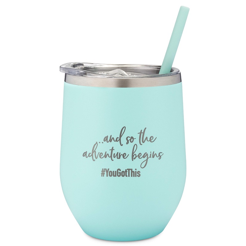 and So The Adventure Begins – Personalized Insulated Wine Tumbler with Lid  Stainless Steel Insulated Travel Mug with Straw  Graduation, Promotion, Going Away, Job Change, Teacher – Adventure Awaits Mint 12 oz