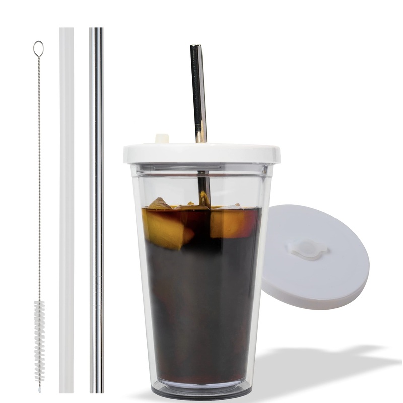 Reusable Iced Coffee Cup (24 Oz/Venti), Leak Proof and Double Wall Insulated Iced Coffee Tumbler, Come with Reusable Plastic and Metal Straws and Straw Cleaner Clear 24.0 ounces