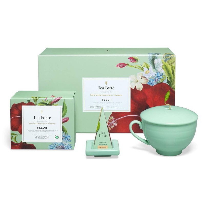 Tea Forte Fleur Gift Set with Cafe Cup Tea Tray and 10 Handcrafted Pyramid Tea Infuser Bags
