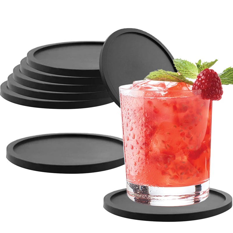 8 pieces of silicone coasters coasters round for glasses drinks cups coasters set with scratch-resistant underside silicone coasters for drinks bar (black) black-5