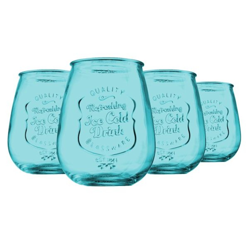 Set of 4 Aqua Retroware Stemless Wine Glass, 21oz