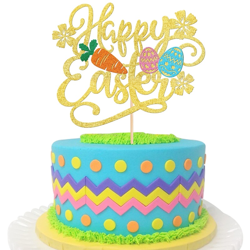 1 Pack Happy Easter Cake Topper Glitter Carrot Colorful Eggs Easter Cake Pick for Bunny Easter Theme Party Baby Shower Kids Birthday Cake Decoration Party Supplies Gold 14-gold