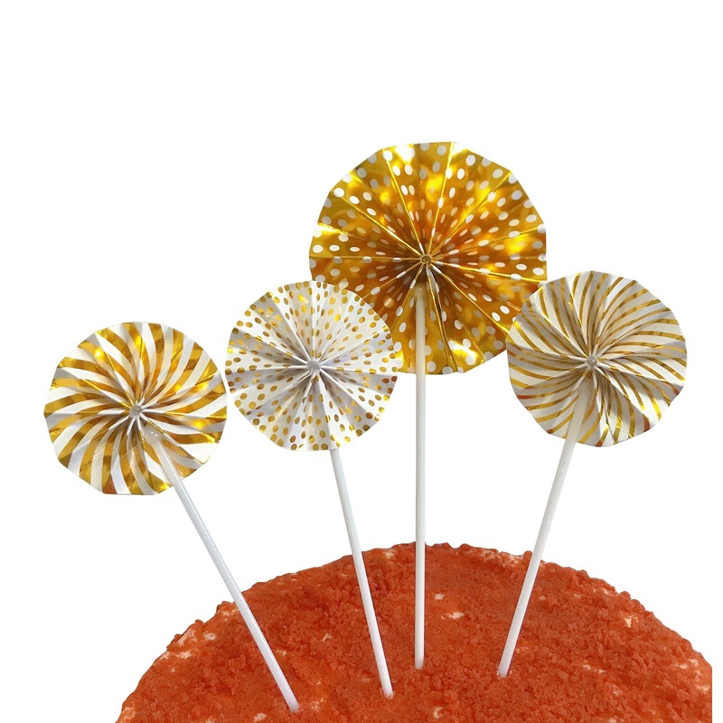 16pcs Folding Fan Cake Toppers Shiny&Beautiful Cupcake Topper Kit Fans Birthday Cake Decorations for Wedding/ Baby Shower Gold by HYMAOME