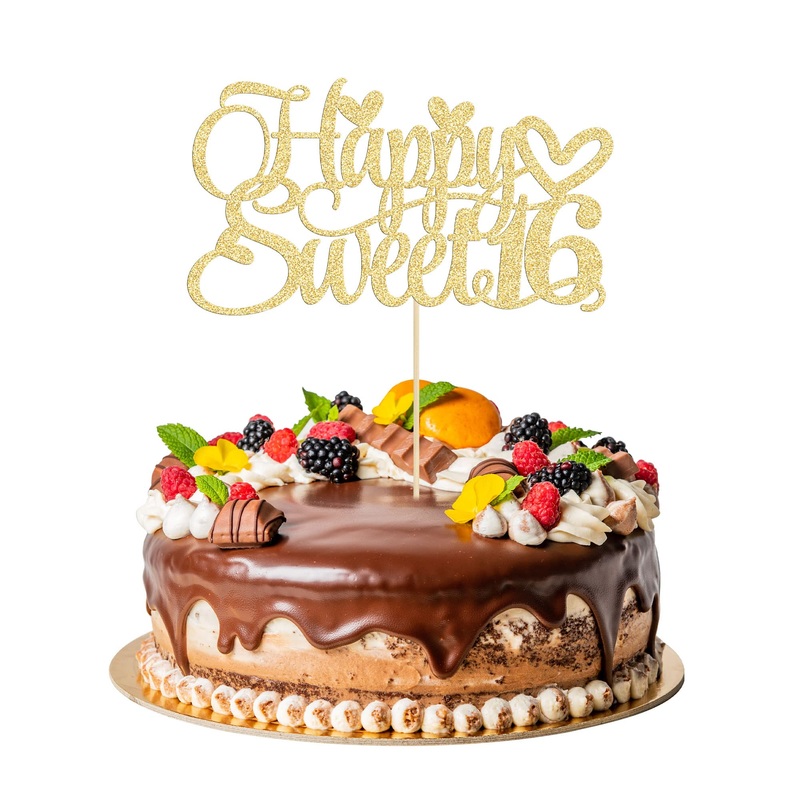 1Pc Happy Sweet 16 Cake Topper Glitter 16th Birthday Cake Pick for Cheers to 16 Years Old 16th Birthday Party Cake Decorations Supplies Gold Gold 2