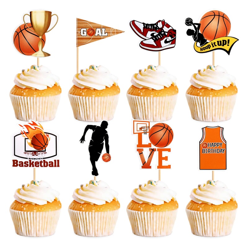 24 pieces of basketball cake attachment Have a happy birthday shield cake attachment basketball player cake decorations for sports theme young girl birthday party accessories basketball-4
