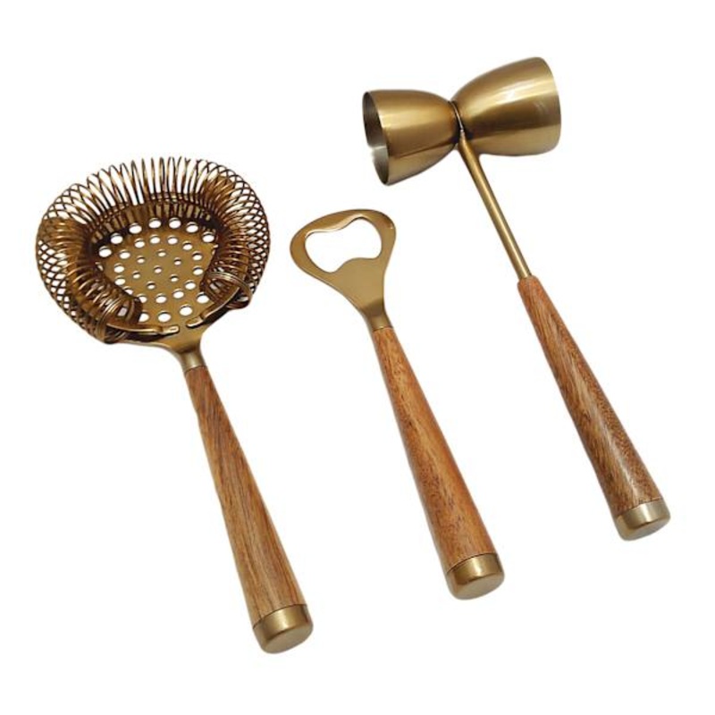 3-Piece Brass & Wood Bar Tools