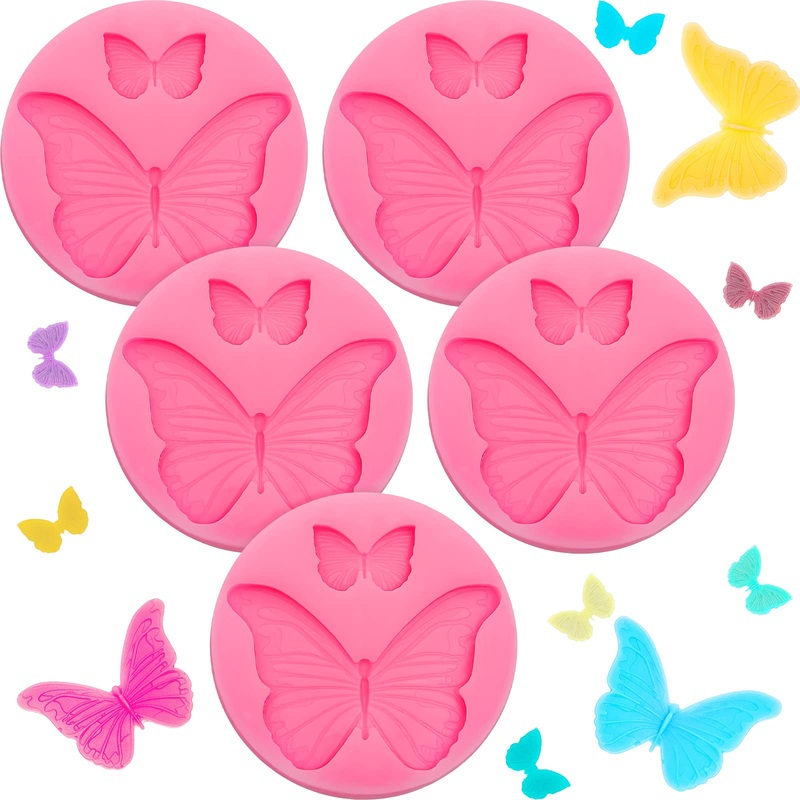 5 Pieces Butterfly Silicone Molds Mini Butterfly Fondant Cake Baking Mold Silicone Butterfly Chocolate Mold Pink Polymer Clay Molds Small Clay Molds  Non-stick DIY Tool for Cake Decor