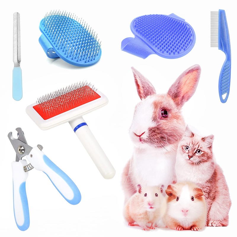 6-Piece Rabbit Grooming Kit with Pet Grooming Shedding Slicker Brush, Bath Massage Glove Brush, Nail Clipper, Flea Comb for Bunny, Puppy, Kitten, Guinea Pig, Hamster, Ferret, Small Animal Pets Blue