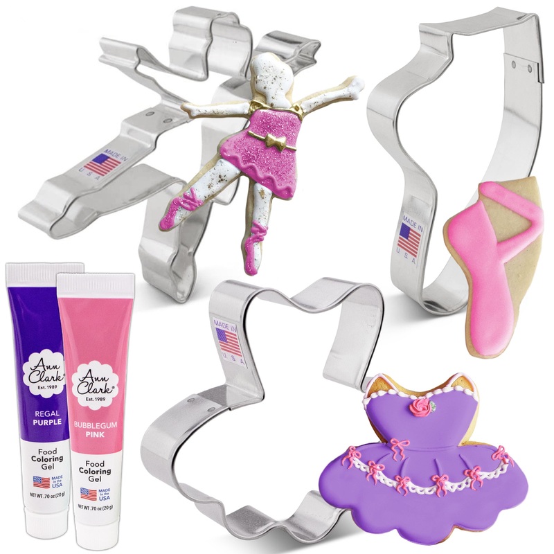 Ballet Cookie Cutters and Decorating 5-Pc. Set Made in USA by Ann Clark Tutu Ballerina Ballet Slipper Pink & Regal Purple Food Coloring Gel