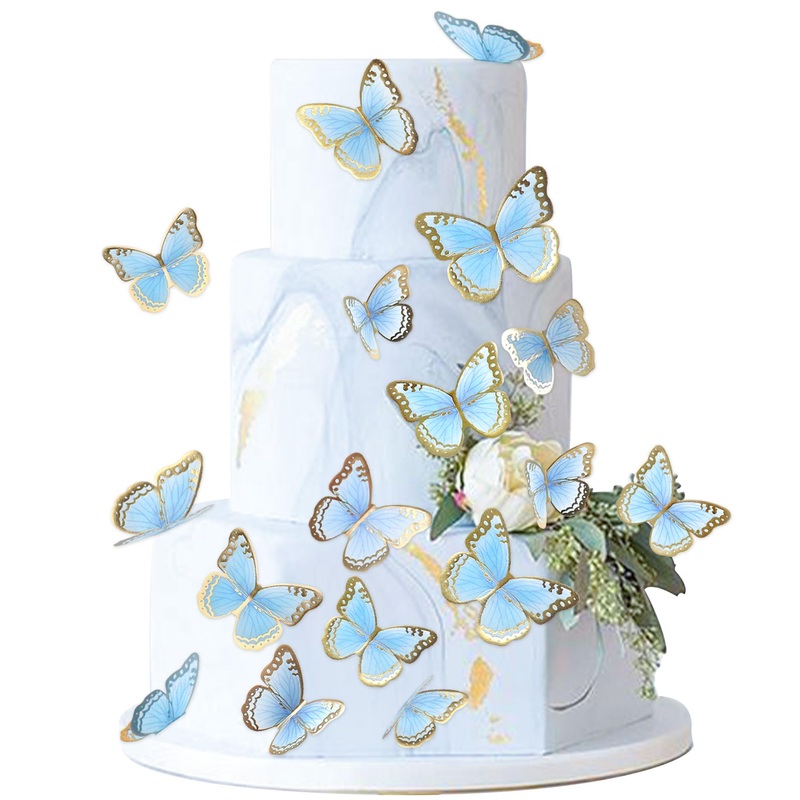 Blumomon 30 pieces 3D butterfly cake topper decorations blue gold rim mixed size butterfly cupcake tops picks wedding baby shower party wedding day birthday party cupcake decoration butterfly-5