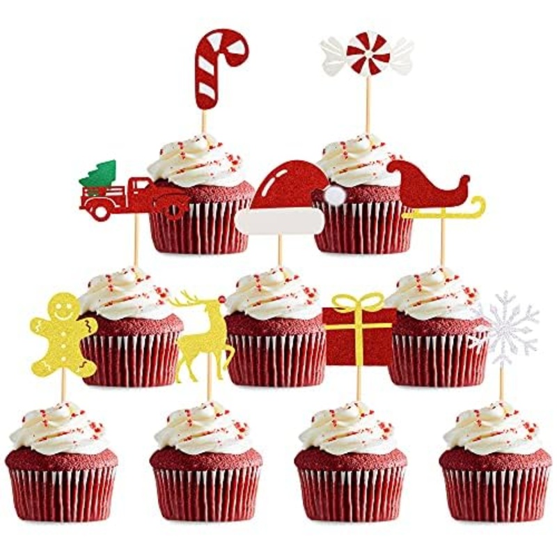 Blumomon Pack of 36 Merry Christmas Cupcake Toppers with Glittering Snowflakes Candy Hats Gift Elf Cake Decorations for Christmas and Winter Ceremony Party Bedar Multicoloured 16