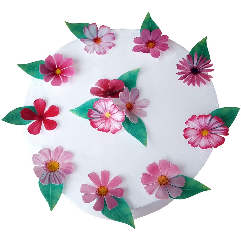 Cake decoration Beautiful pink flowers Pre -cut edible rice wafer paper.Decoration for cupcakes cake desserts.For birthday parties weddings baby game.Rose Flowers & Leaves