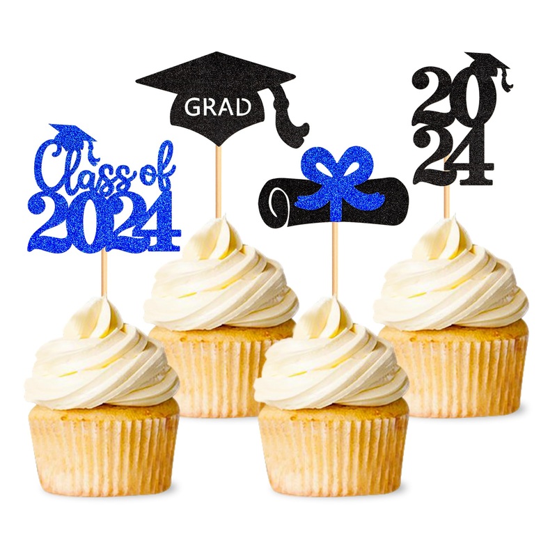 Ercadio 48 Pack 2023 Graduation Cupcake Toppers Black Blue Glitter Grad Cap Diploma Class of 2023 Cupcake Picks for 2023 Graduation Theme Party Cake Decorations Supplies B-grad Blue