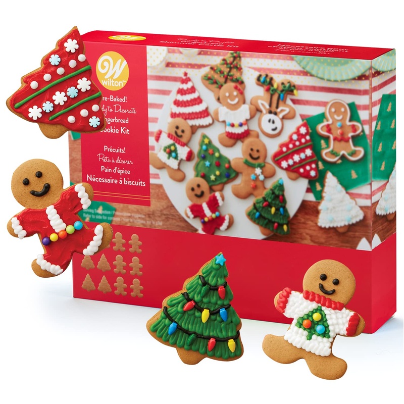Gingerbread Man & tree Cookie Kit, Holiday Fun Baking Set – Includes: 12 Pre-Baked Cookies, Tons Of Candies, Green Fondant, 3 Colors Icing, Decorating Bags & Tip, Bundled With Fun Holiday Stickers