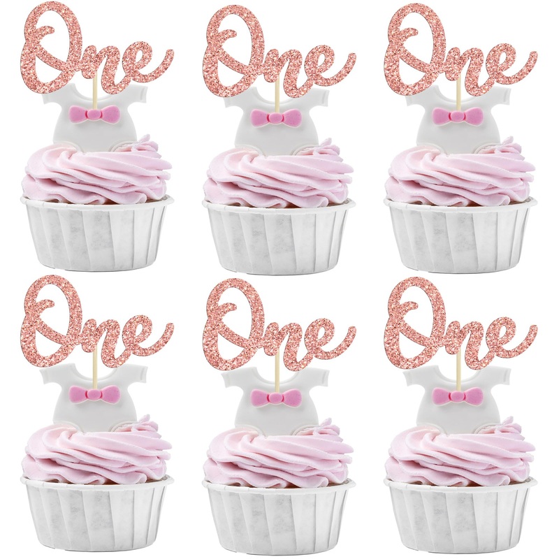 Gyufise 24Pcs Rose Gold One Cupcake Toppers Glitter First Birthday Baby Shower Cupcake Picks Baby Shower Kids Boys Girls 1st Birthday Party Cake Decorations Supplies Rose Gold-1